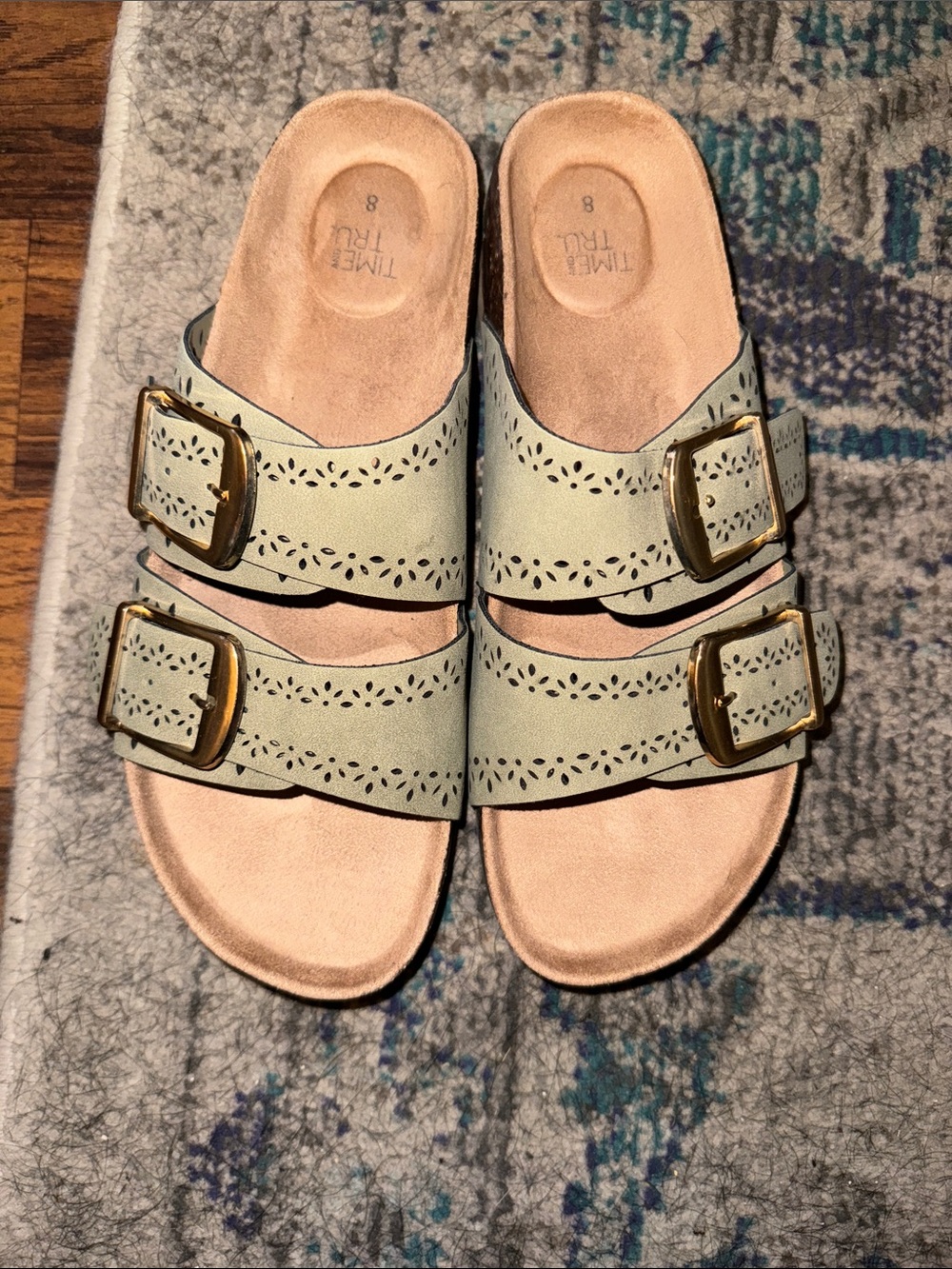 Time and Tru Light Sage Double Buckle Slide Sandals with Gold Buckles